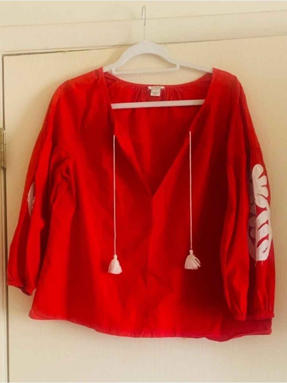 J. Crew Folk embroidered boho hippie balloon sleeve tunic blouse M